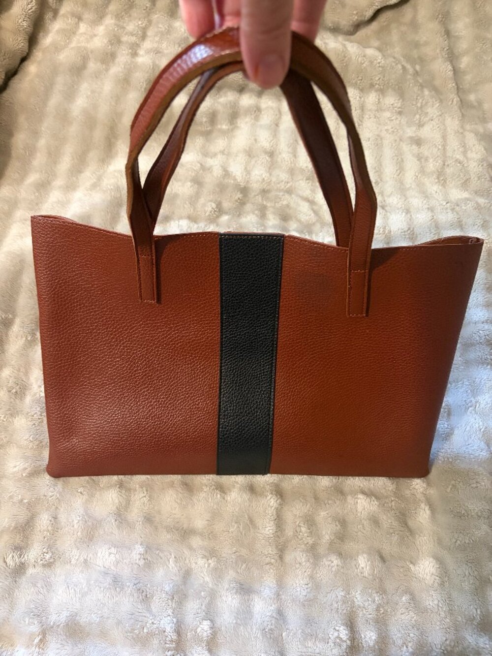 Vince Camuto Tote Bag Camel Brown Tan Vegan Leather Black Stripe Shoulder Bag